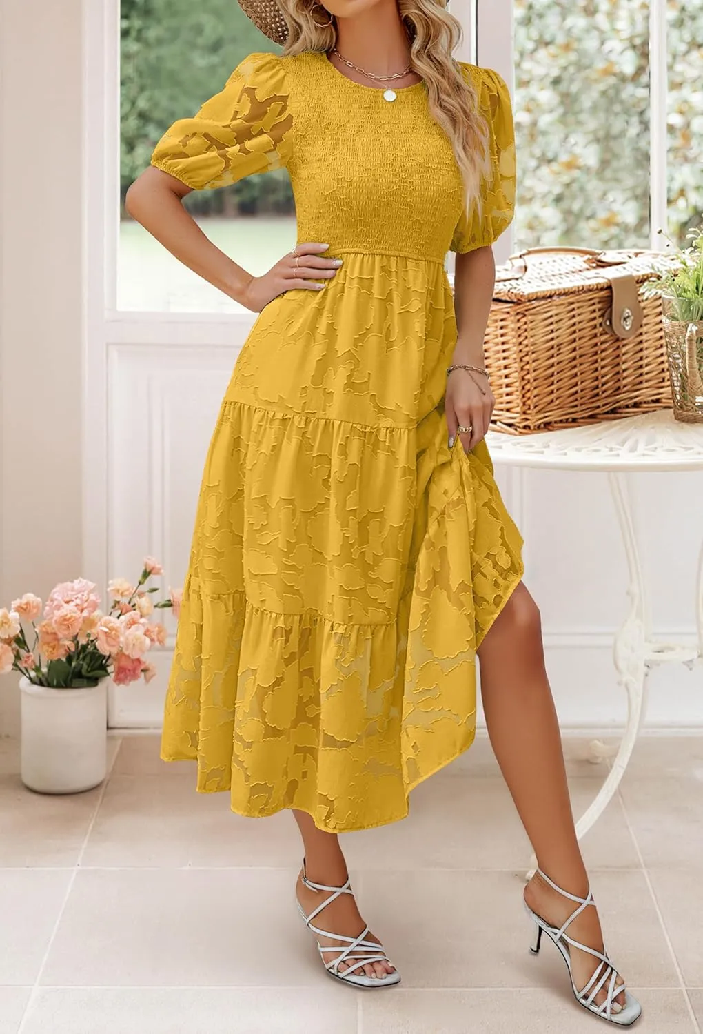 ZESICA Women's 2025 Summer Short Puff Sleeve Crewneck Smocked Floral Lace Flowy A Line Tiered Maxi Dresses
