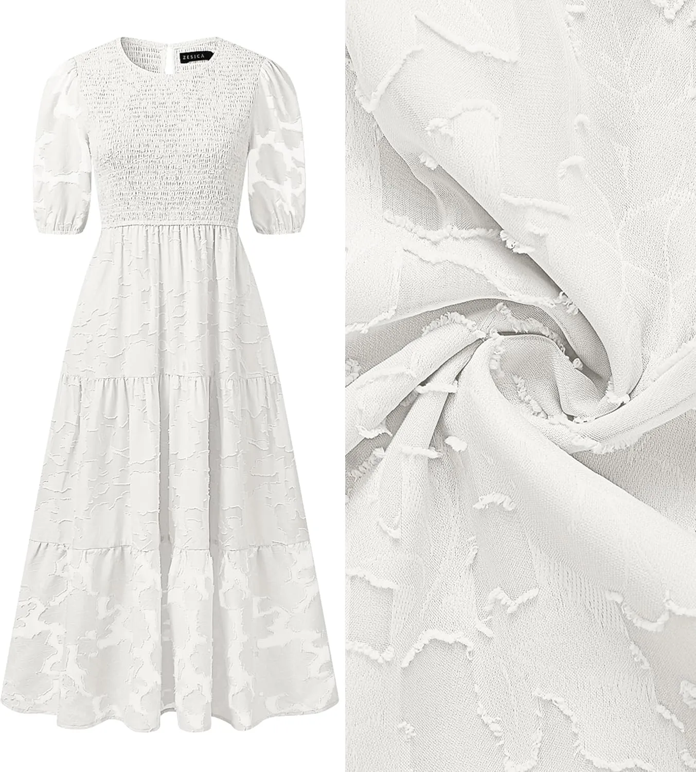 ZESICA Women's 2025 Summer Short Puff Sleeve Crewneck Smocked Floral Lace Flowy A Line Tiered Maxi Dresses