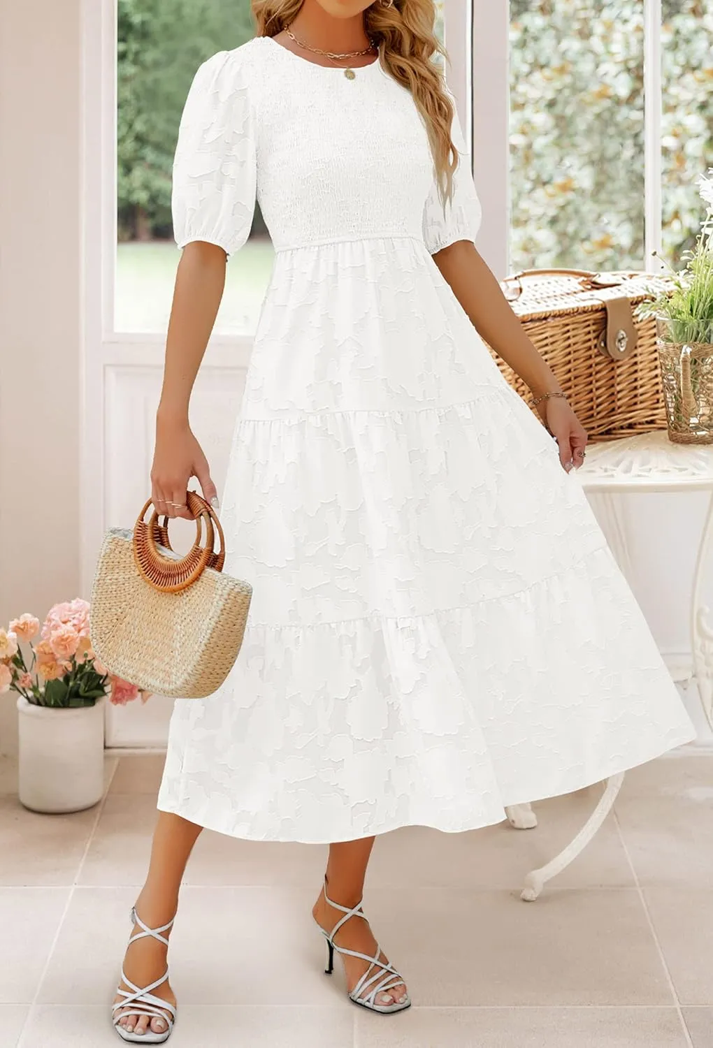 ZESICA Women's 2025 Summer Short Puff Sleeve Crewneck Smocked Floral Lace Flowy A Line Tiered Maxi Dresses