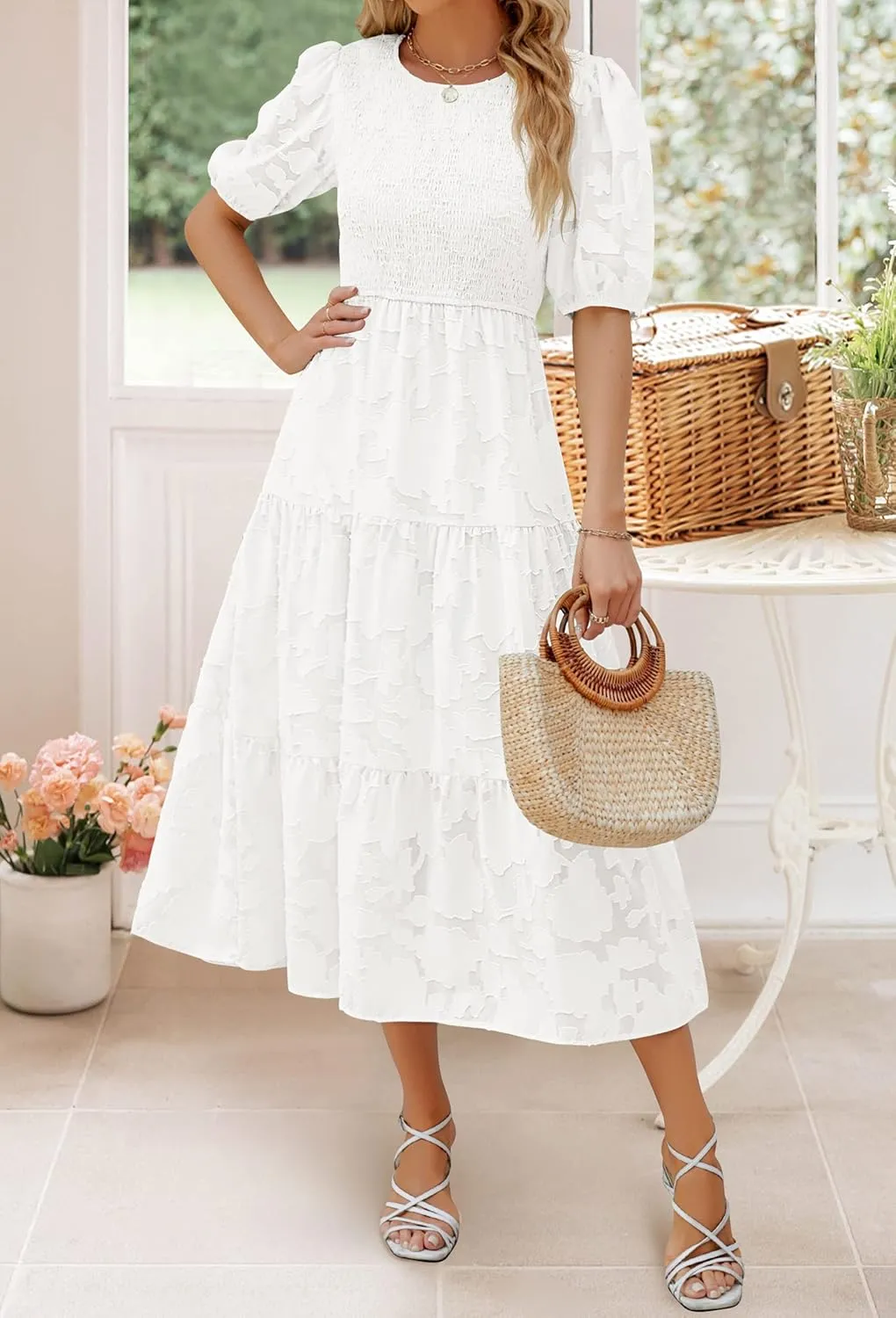 ZESICA Women's 2025 Summer Short Puff Sleeve Crewneck Smocked Floral Lace Flowy A Line Tiered Maxi Dresses