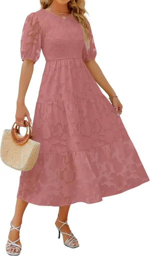 ZESICA Women's 2025 Summer Short Puff Sleeve Crewneck Smocked Floral Lace Flowy A Line Tiered Maxi Dresses