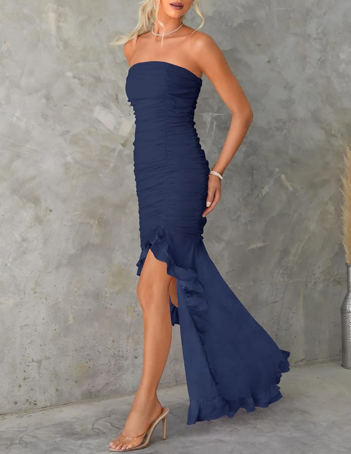 ZESICA Womens Strapless Bodycon Maxi Dresses Summer Off Shoulder Sleeveless Ruched Cocktail Party Long Dresses
