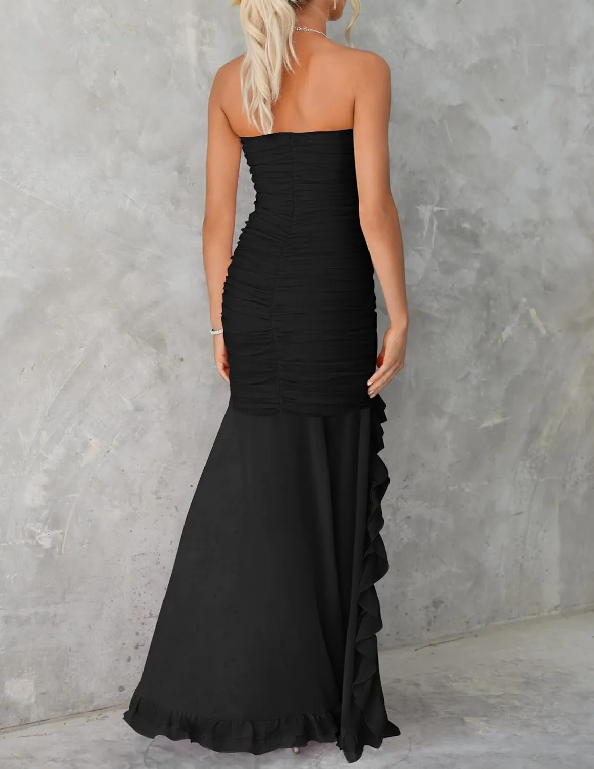 ZESICA Womens Strapless Bodycon Maxi Dresses Summer Off Shoulder Sleeveless Ruched Cocktail Party Long Dresses