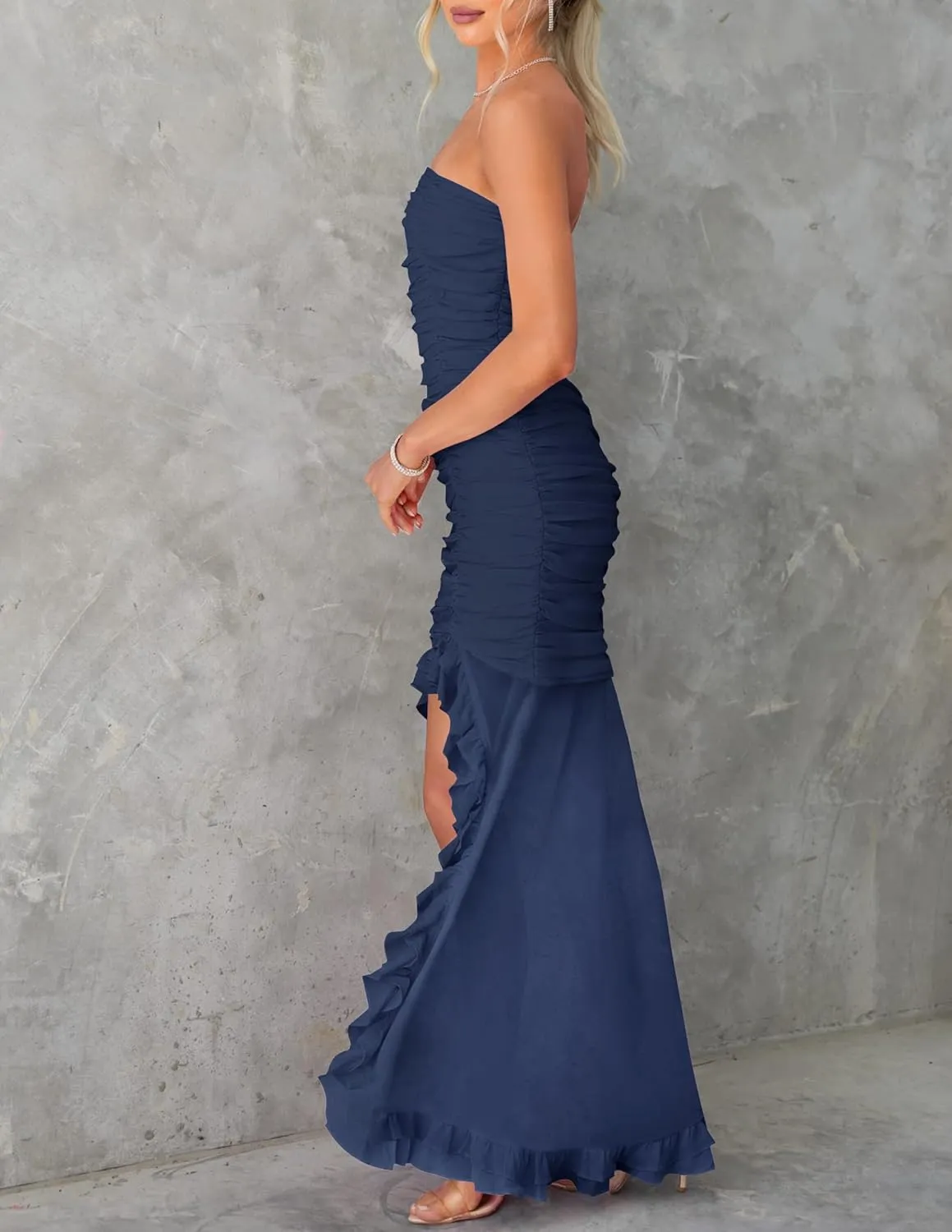 ZESICA Womens Strapless Bodycon Maxi Dresses Summer Off Shoulder Sleeveless Ruched Cocktail Party Long Dresses