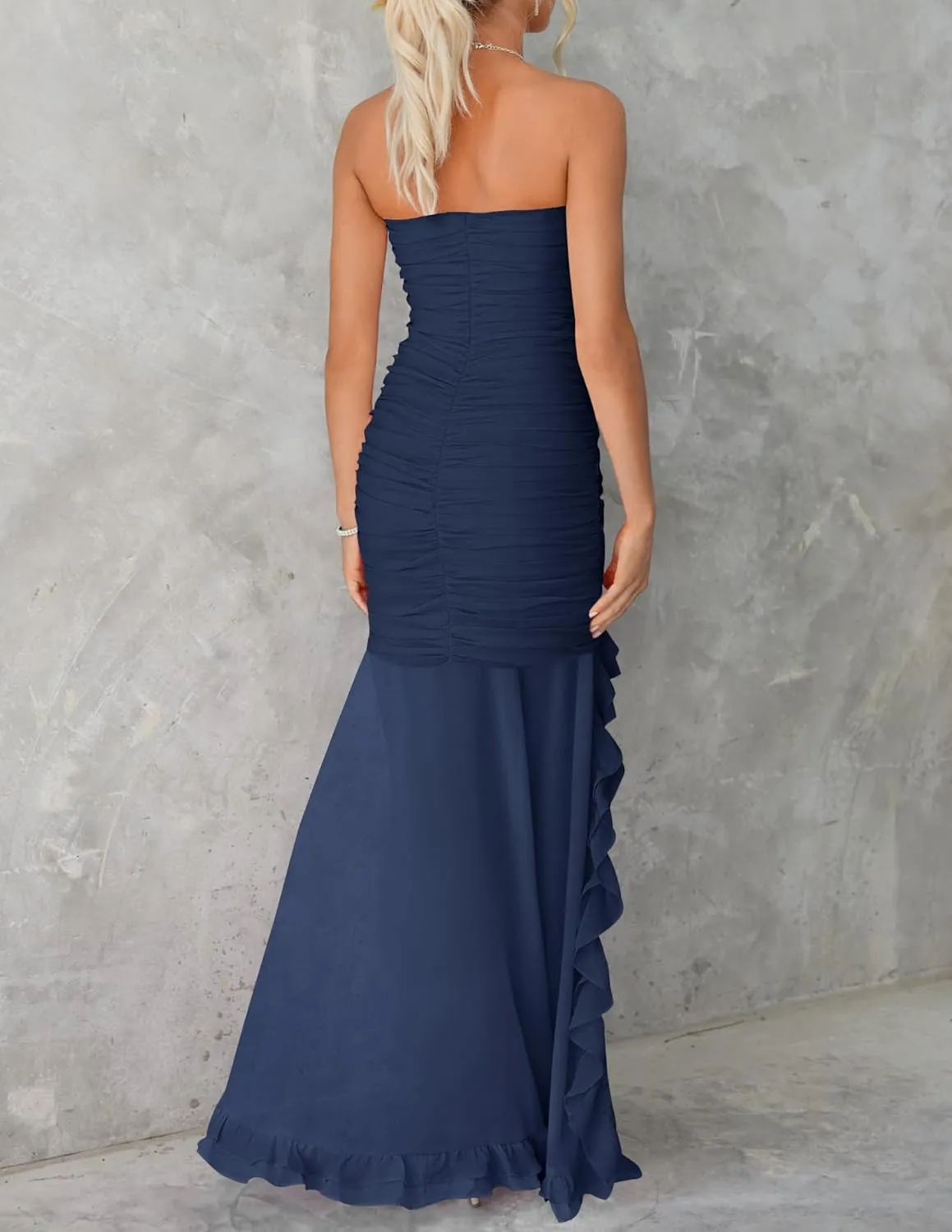 ZESICA Womens Strapless Bodycon Maxi Dresses Summer Off Shoulder Sleeveless Ruched Cocktail Party Long Dresses
